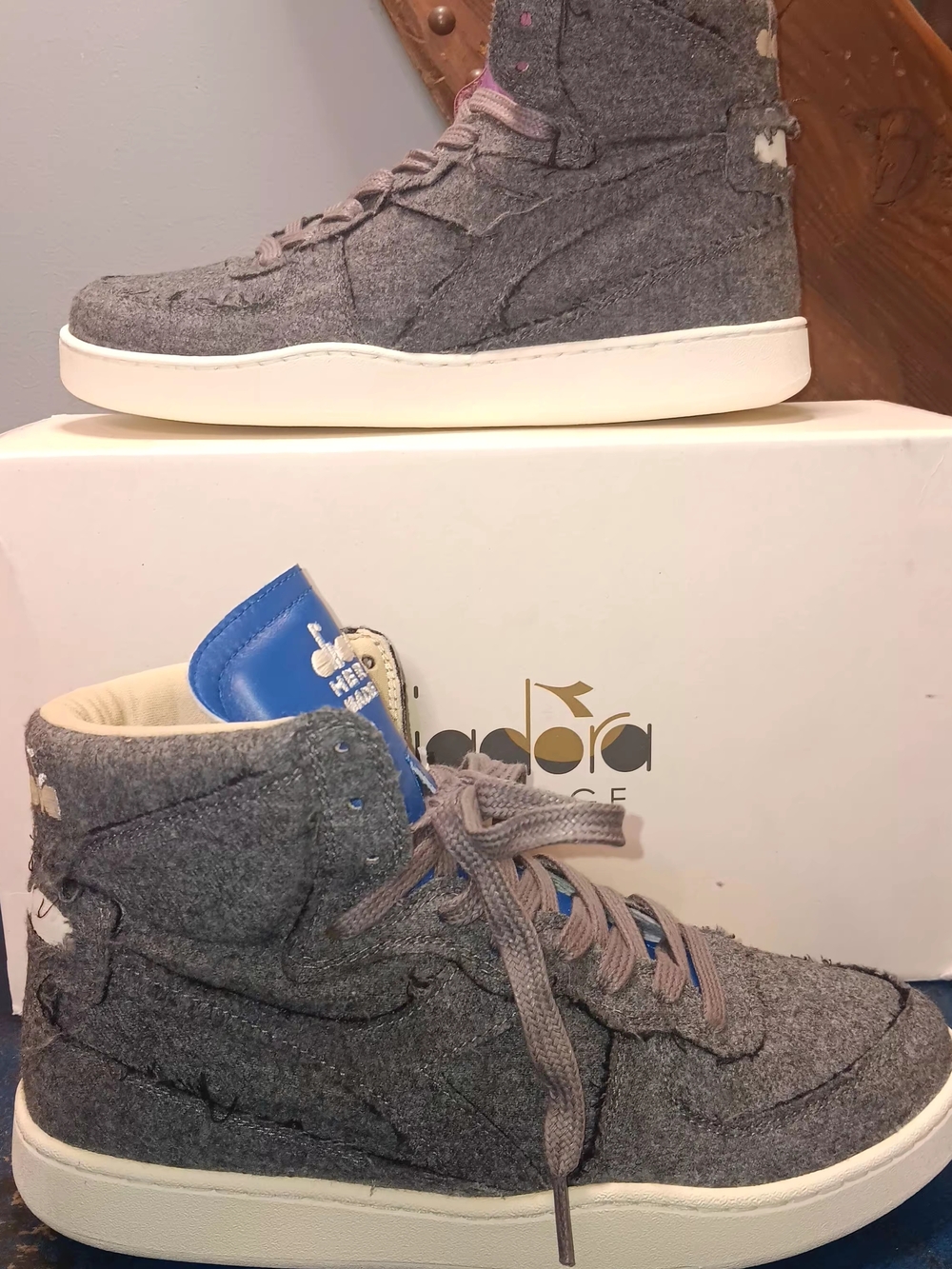 Diadora High-Top Wool Sneakers in Heather Gray with Blue Tongue